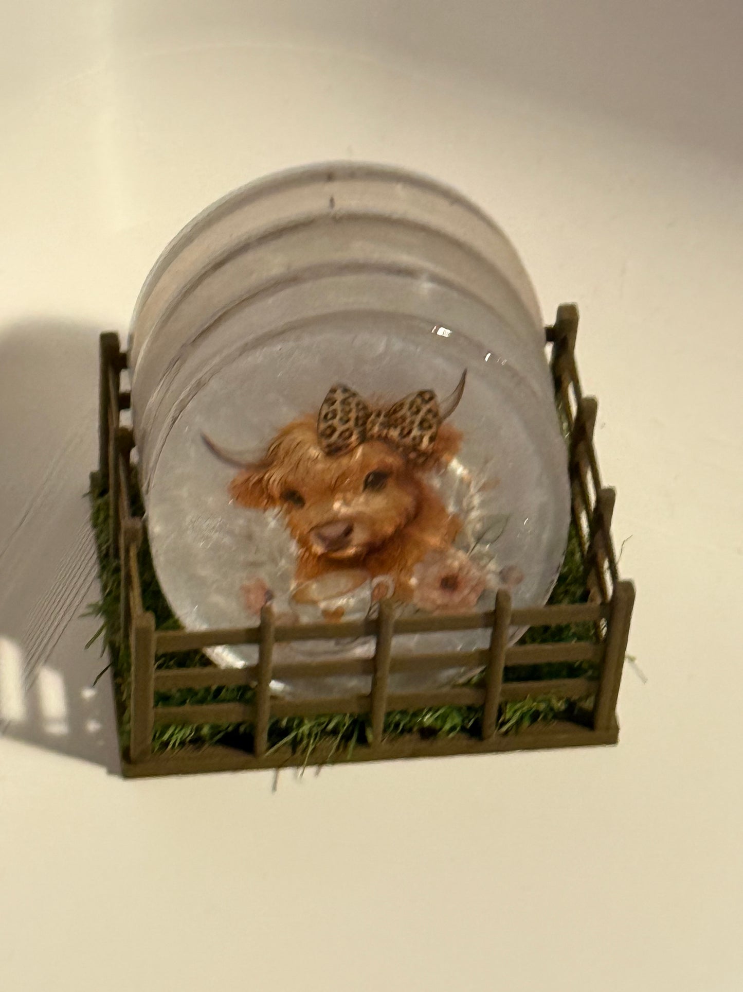 Highland Cow Coaster Set – 4 Unique Personalities in a Miniature Pasture Display