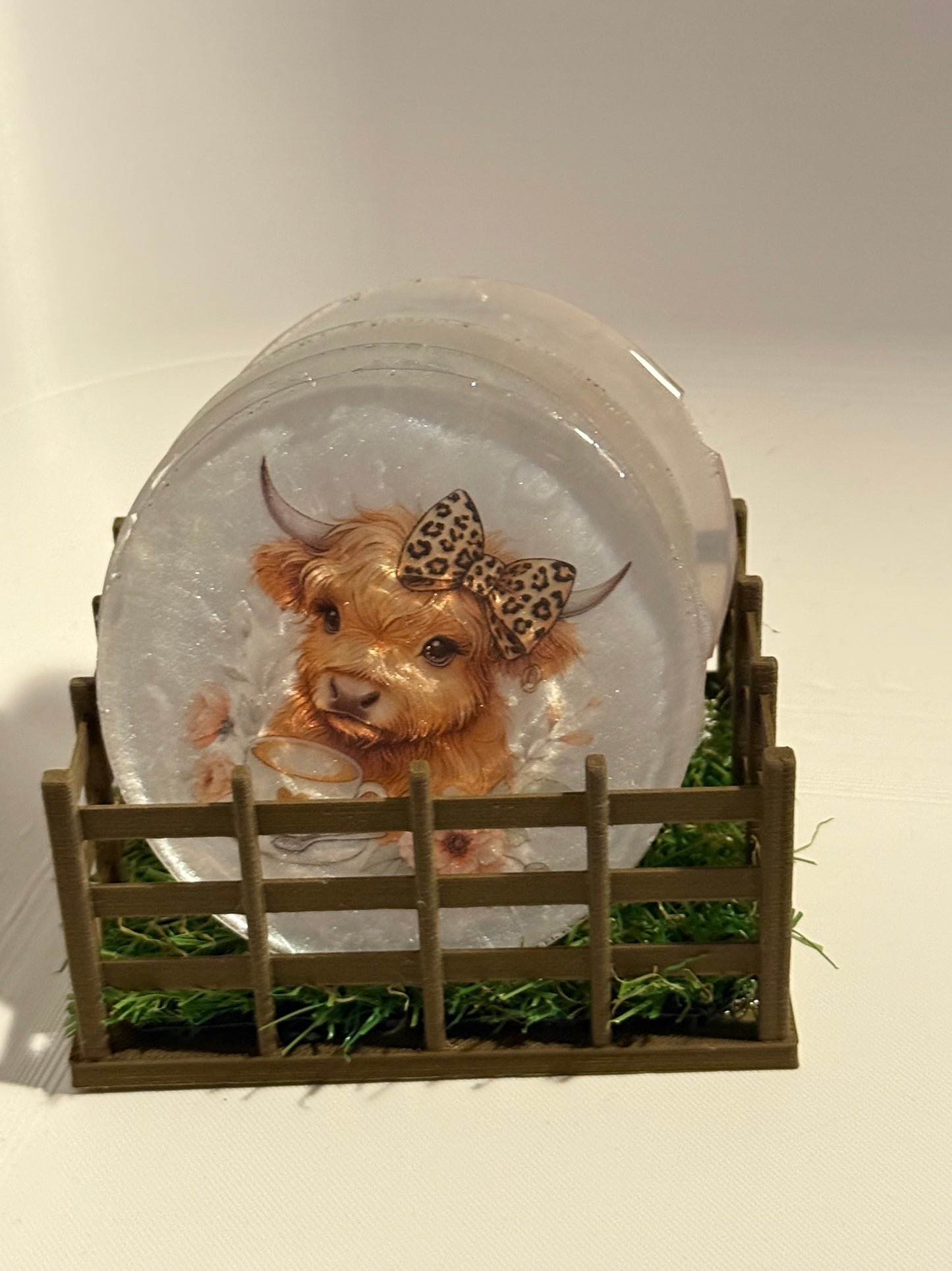 Highland Cow Coaster Set – 4 Unique Personalities in a Miniature Pasture Display