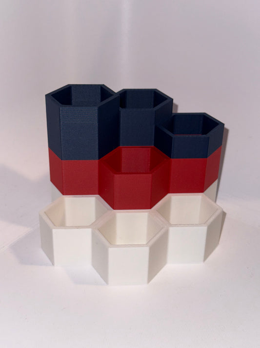 HexStack Desk Organizer – 7-Compartment Connected Storage | Custom Color 3D-Printed Office Accessory