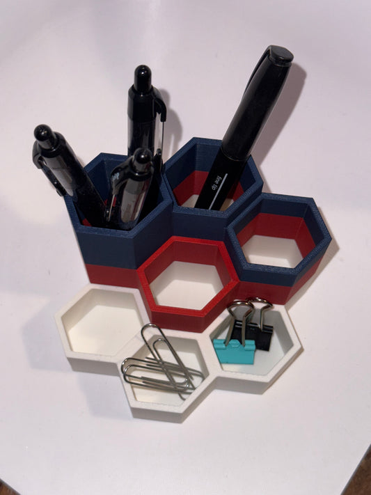 HexStack Desk Organizer – 7-Compartment Connected Storage | Custom Color 3D-Printed Office Accessory