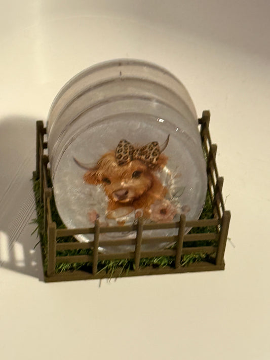 Highland Cow Coaster Set – 4 Unique Personalities in a Miniature Pasture Display
